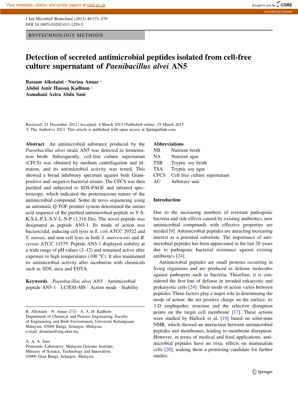 Detection of Secreted Antimicrobial Peptides Isolated from Cell-Free Culture Supernatant of Paenibacillus Alvei AN5