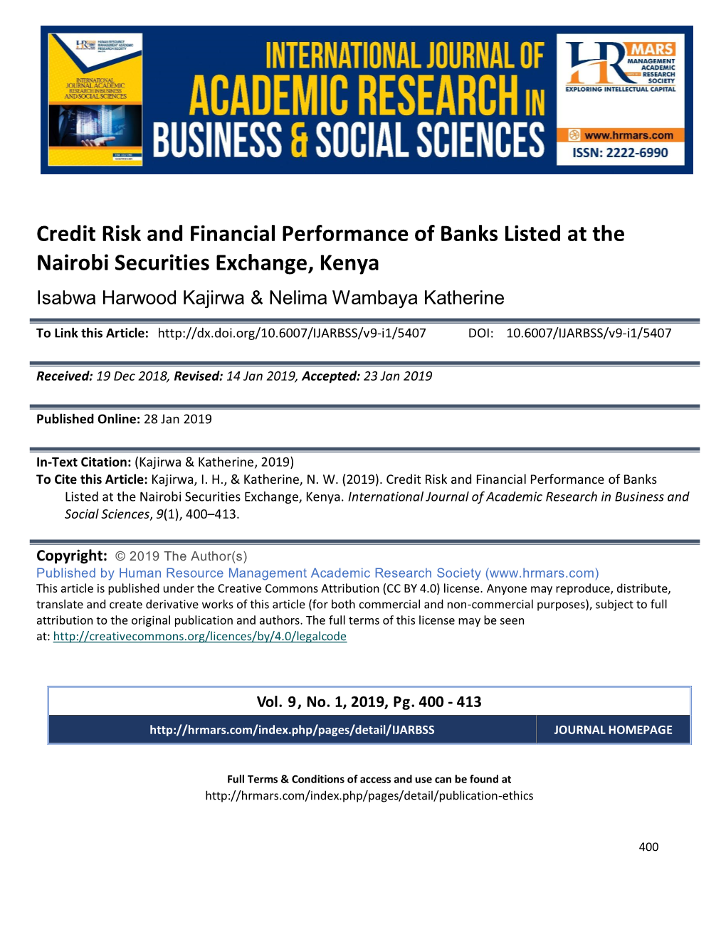 Credit Risk and Financial Performance of Banks Listed at the Nairobi Securities Exchange, Kenya