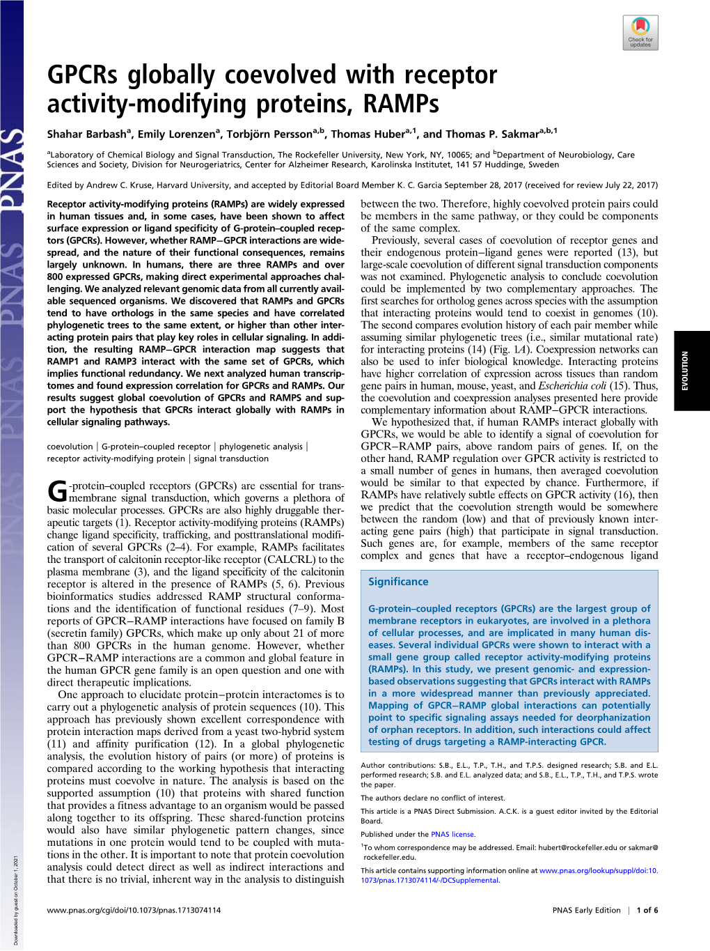 Gpcrs Globally Coevolved with Receptor Activity-Modifying Proteins, Ramps