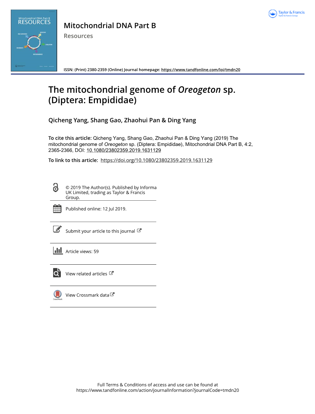 The Mitochondrial Genome of Oreogeton Sp. (Diptera: Empididae)
