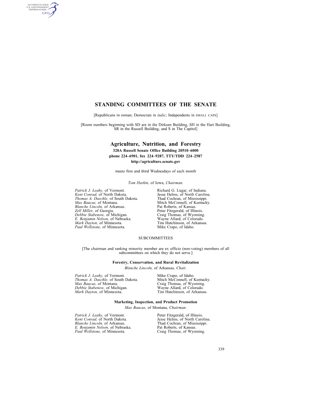 STANDING COMMITTEES of the SENATE Agriculture, Nutrition, And