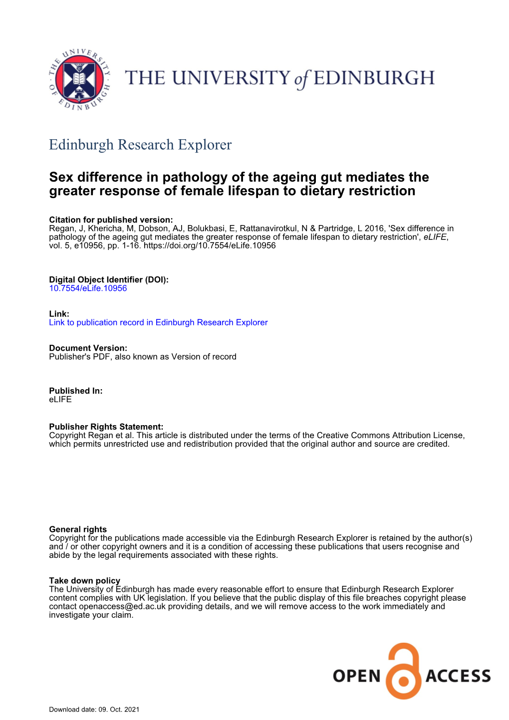 Sex Difference in Pathology of the Ageing Gut Mediates the Greater Response of Female Lifespan to Dietary Restriction