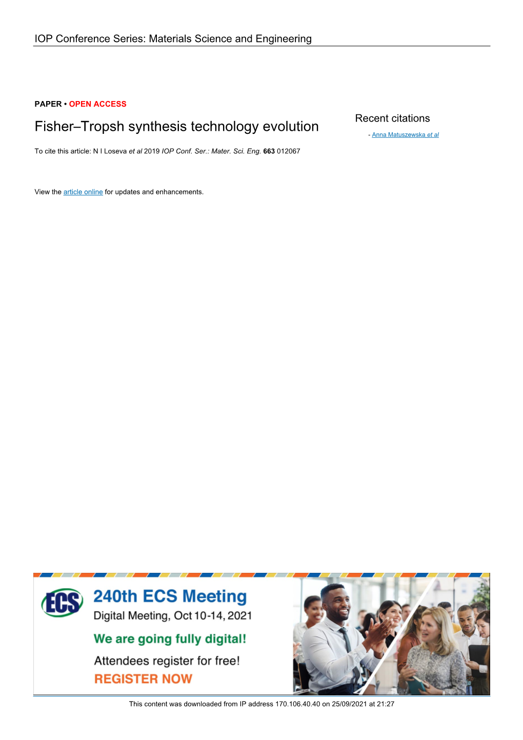 Fisher–Tropsh Synthesis Technology Evolution - Anna Matuszewska Et Al