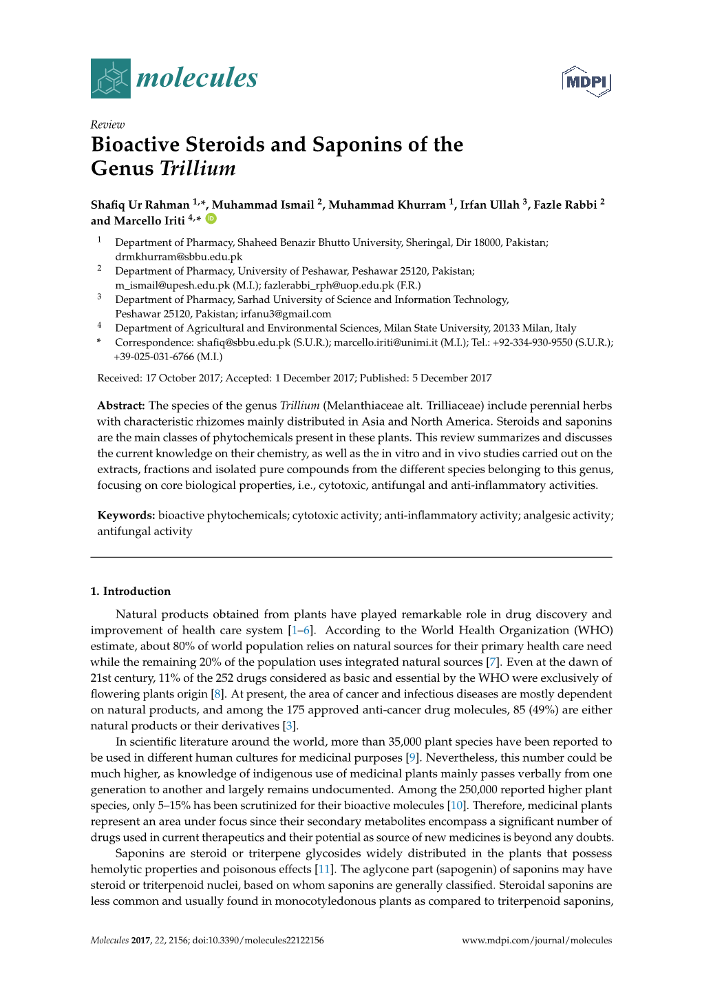 Bioactive Steroids and Saponins of the Genus Trillium