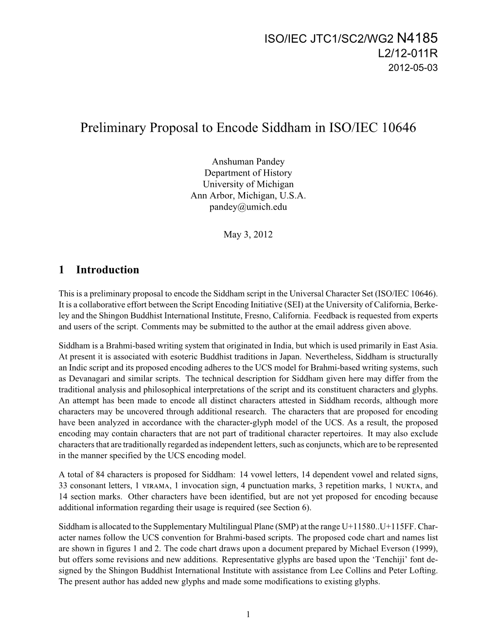 N4185 Preliminary Proposal to Encode Siddham in ISO/IEC 10646