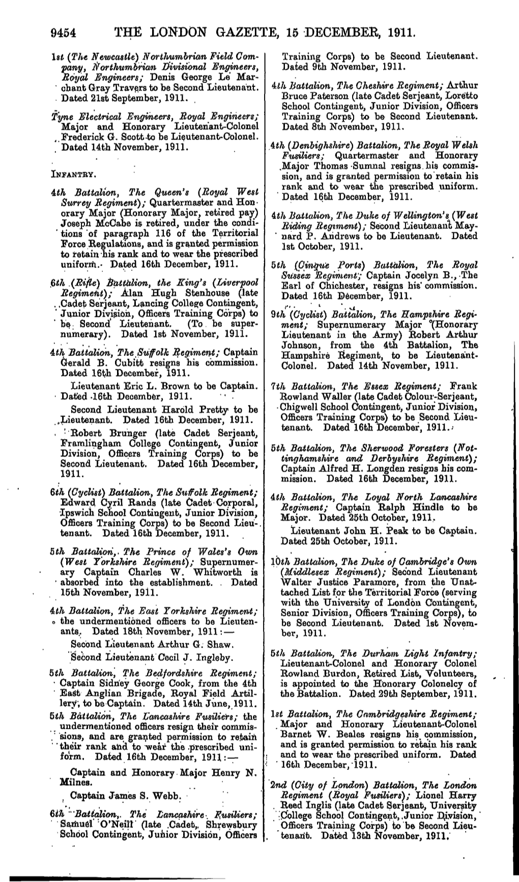 9454 the London Gazette, 15 December, 1911