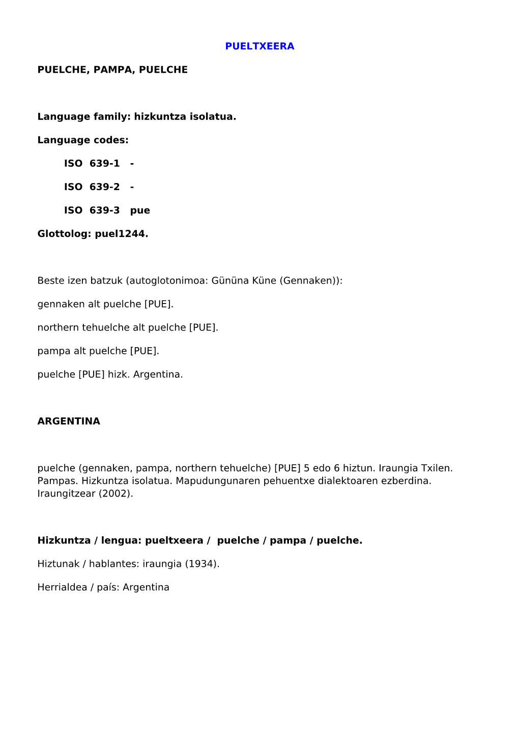 PUELTXEERA PUELCHE, PAMPA, PUELCHE Language Family: Hizkuntza Isolatua. Language Codes: ISO 639-1
