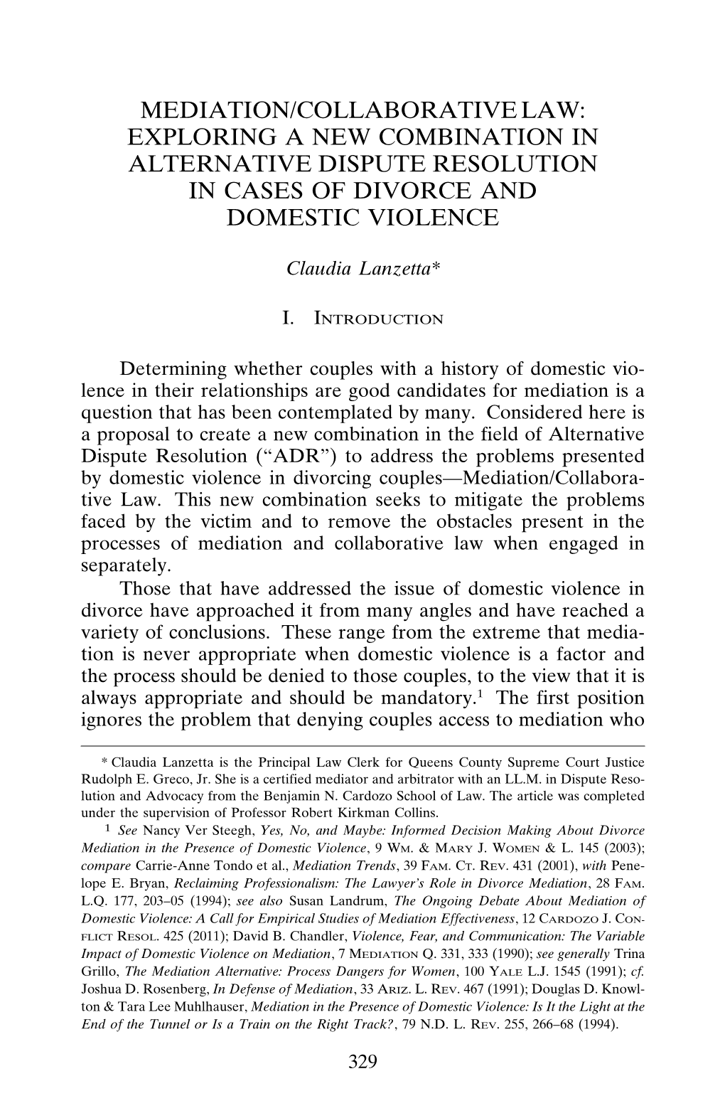 Mediation/Collaborative Law: Exploring a New Combination in Alternative Dispute Resolution in Cases of Divorce and Domestic Violence