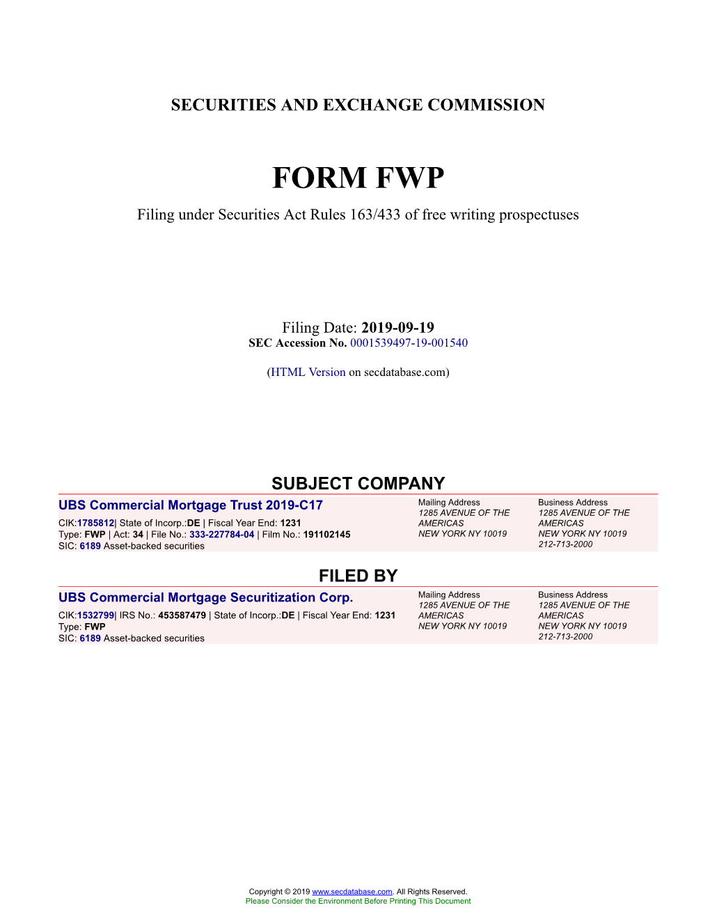 UBS Commercial Mortgage Trust 2019-C17 Form FWP Filed 2019-09