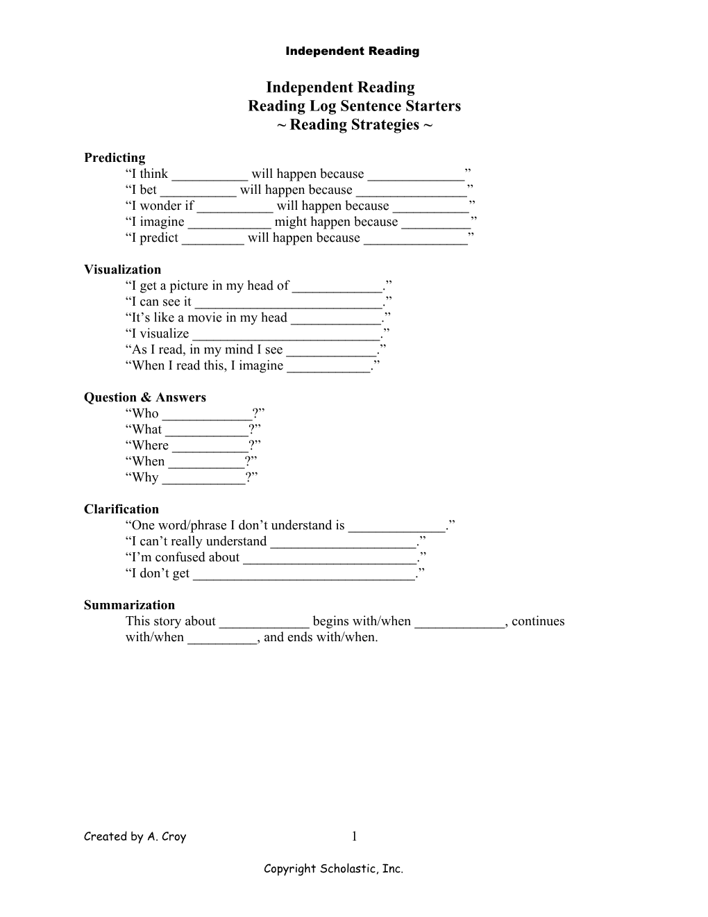 Reading Log Sentence Starters