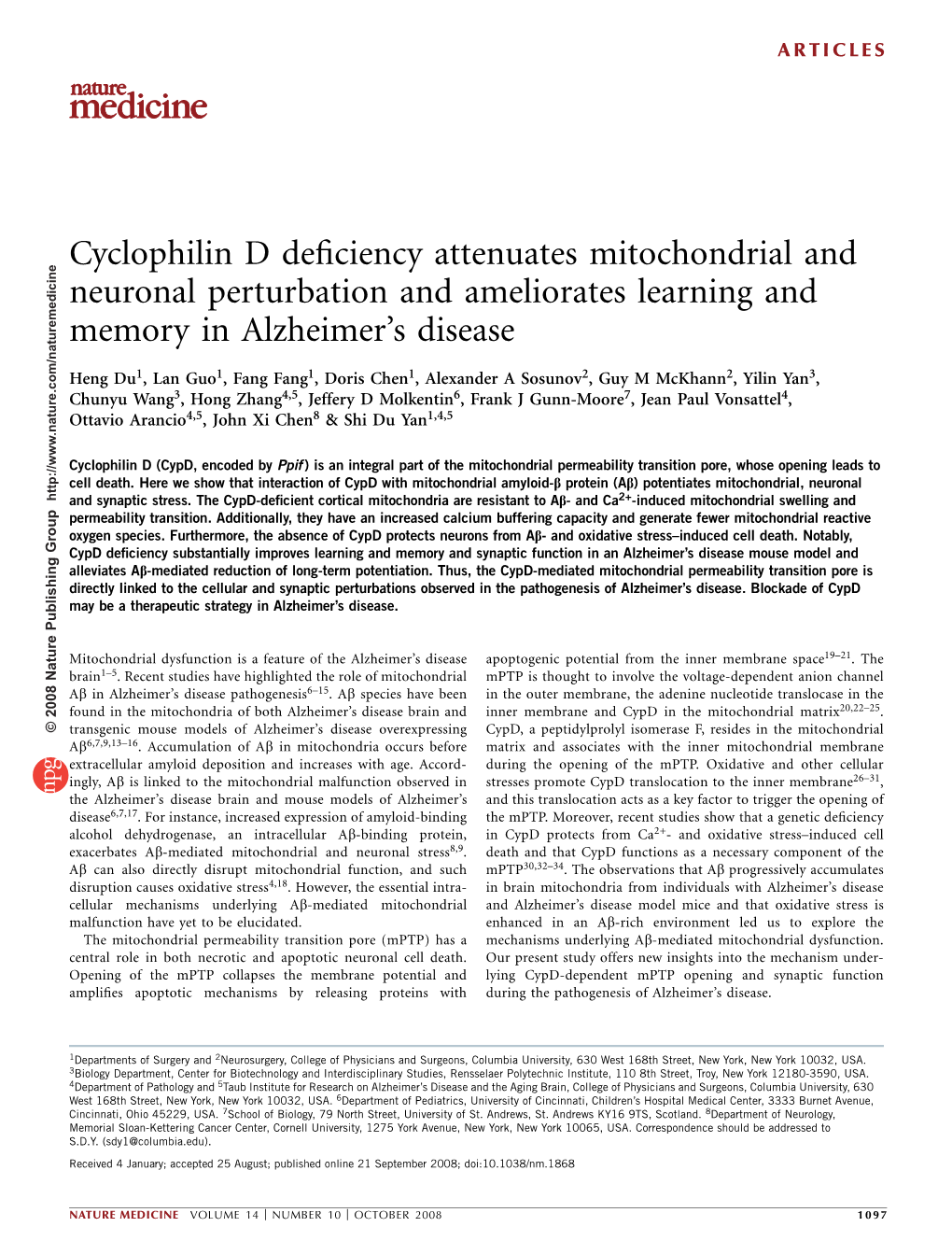 Cyclophilin D Deficiency Attenuates Mitochondrial and Neuronal