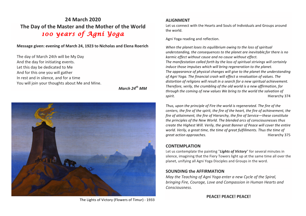 24 March 2020 the Day of the Master and the Mother of the World 100 Years of Agni Yoga