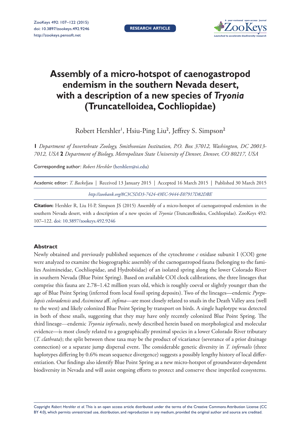 Assembly of a Micro-Hotspot of Caenogastropod Endemism in the Southern Nevada Desert, with a Description of a New Species of Tryonia (Truncatelloidea, Cochliopidae)