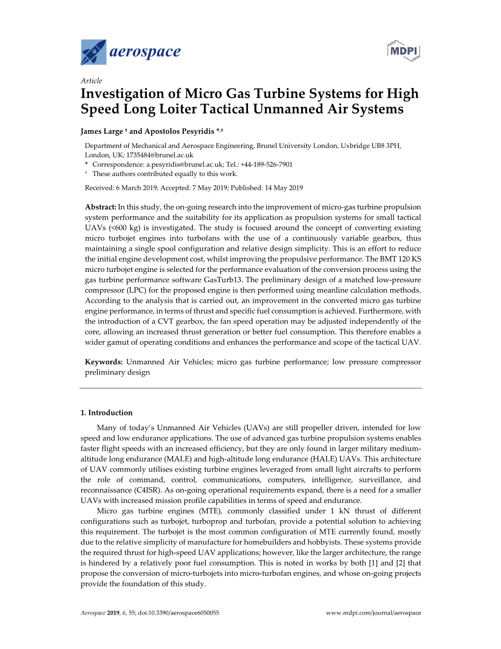 Investigation of Micro Gas Turbine Systems for High Speed Long Loiter Tactical Unmanned Air Systems