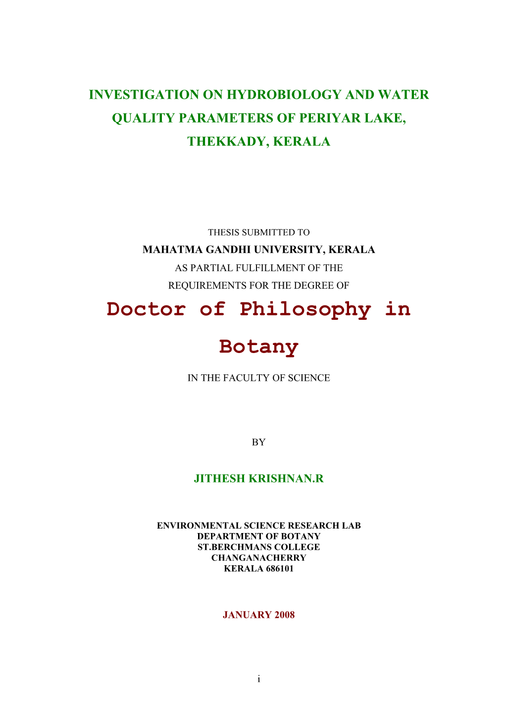 Investigation on Hydrobiology and Water Quality Parameters of Periyar Lake, Thekkady, Kerala