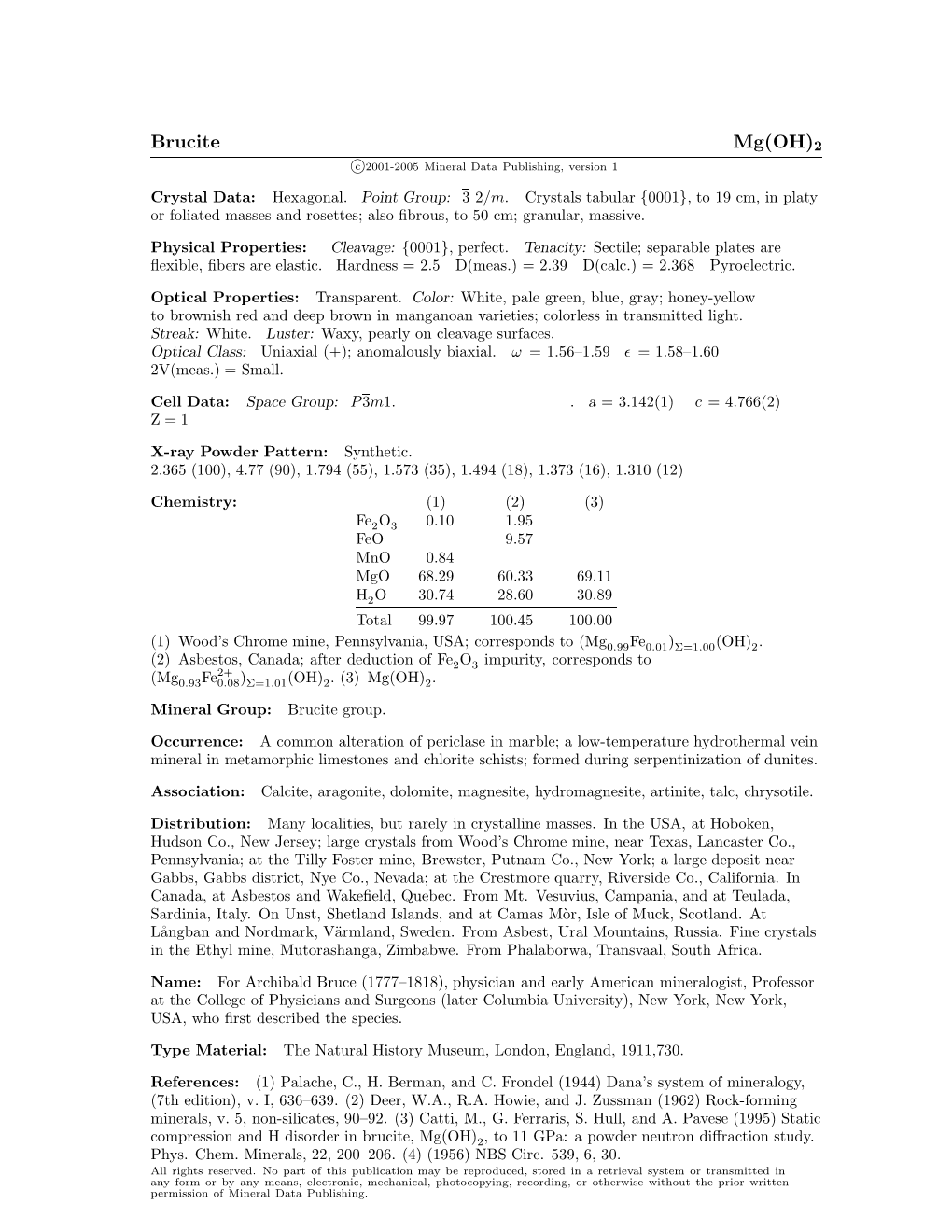 Brucite Mg(OH)2 C 2001-2005 Mineral Data Publishing, Version 1