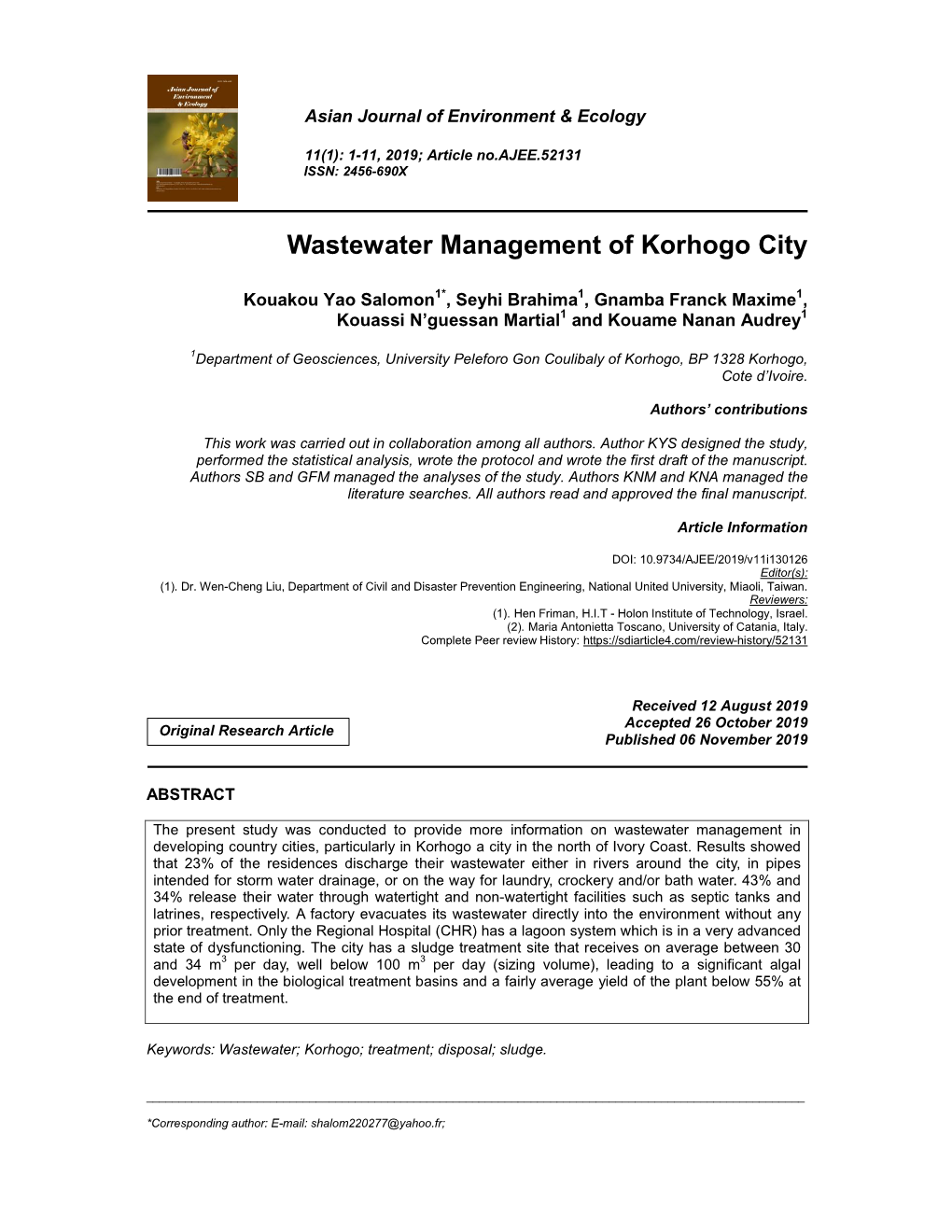 Wastewater Management of Korhogo City