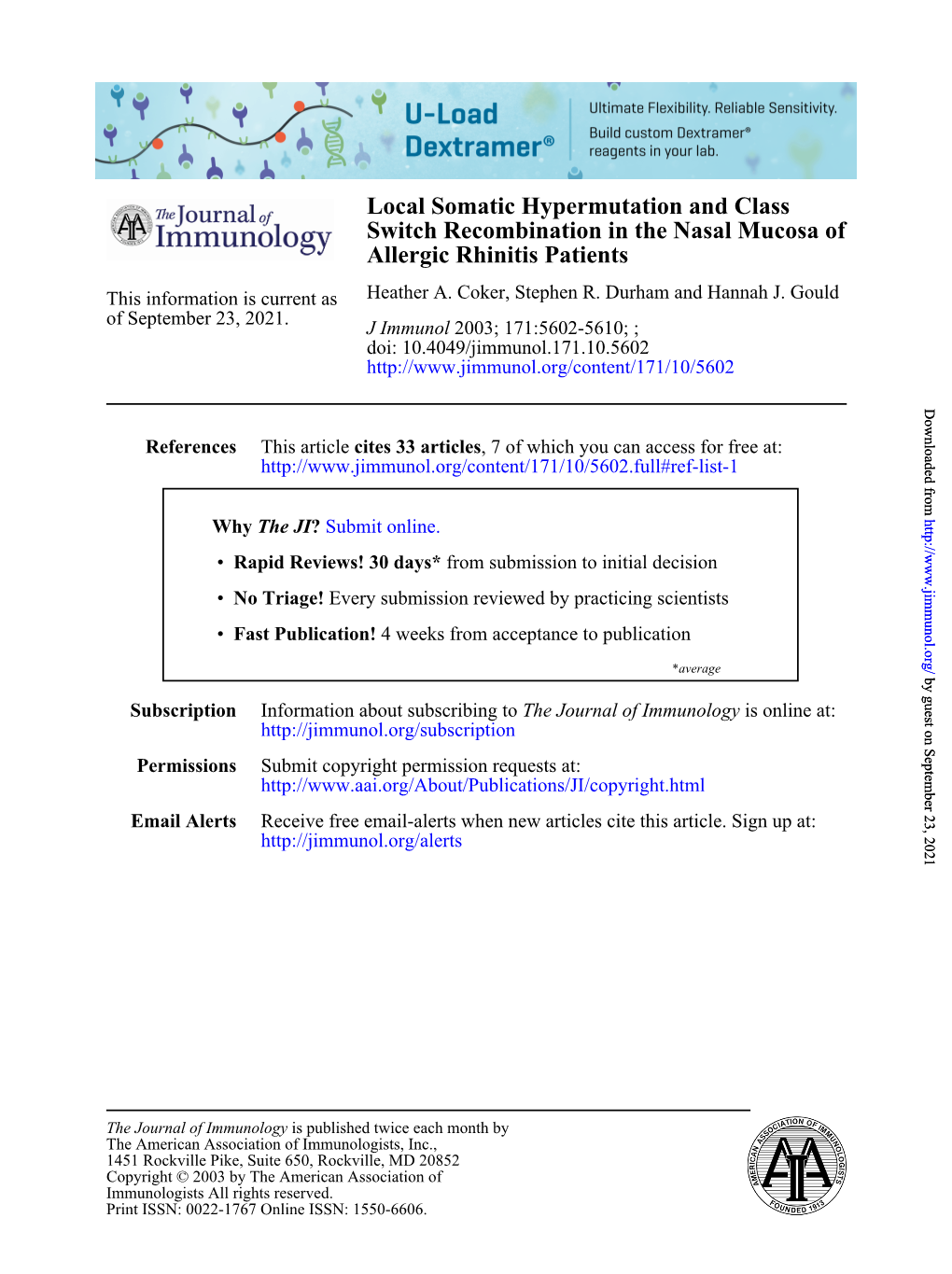 Allergic Rhinitis Patients of Switch Recombination in the Nasal Mucosa Local Somatic Hypermutation and Class