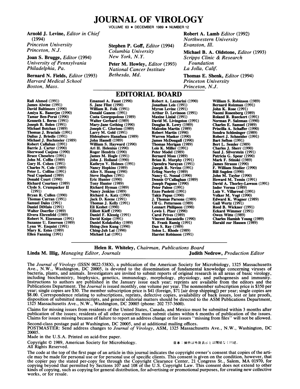 JOURNAL of VIROLOGY VOLUME 63 * DECEMBER 1989 NUMBER 12 Arnold J