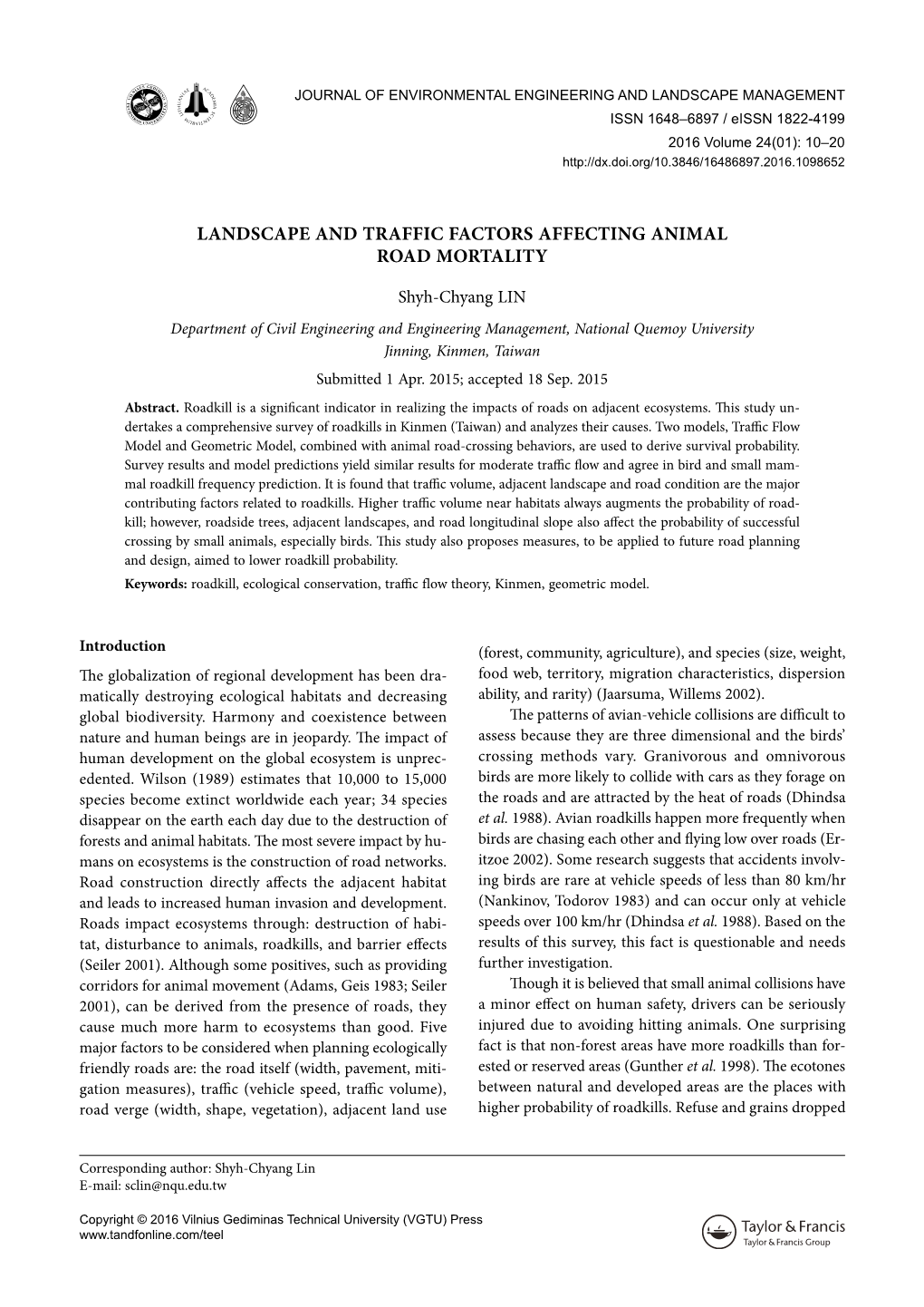 Landscape and Traffic Factors Affecting Animal Road Mortality