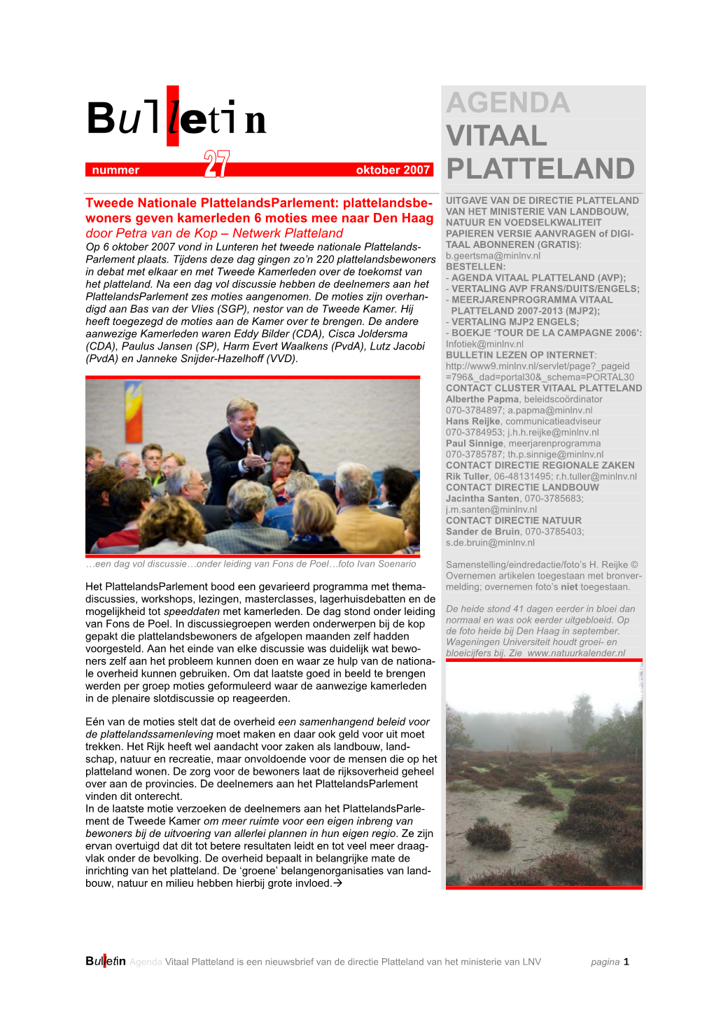 Bulletin Agenda Vitaal Platteland, Nummer 27, Oktober 2007