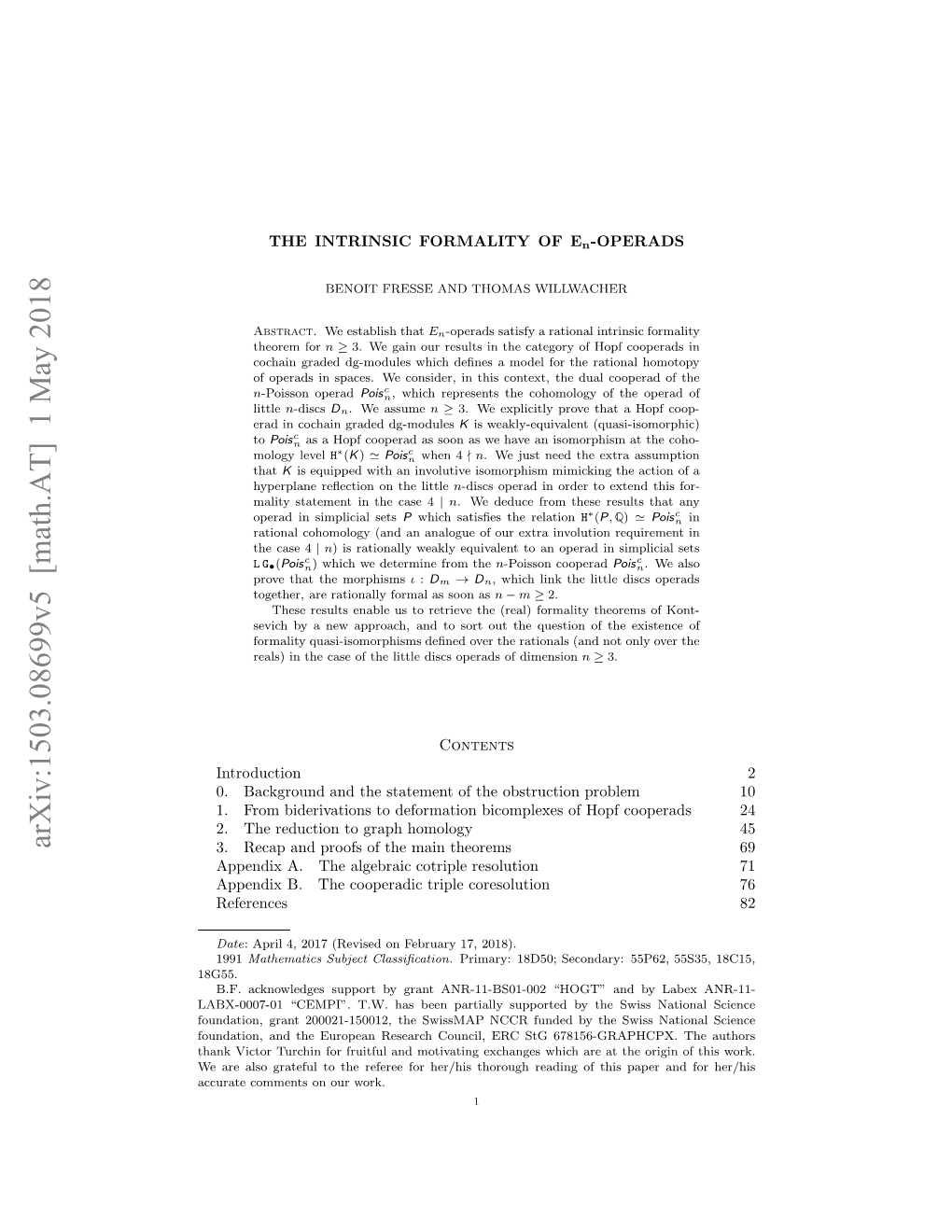 Arxiv:1503.08699V5 [Math.AT] 1 May 2018 Eaeas Rtflt H Eee O E/I Hruhread Thorough Her/His for Referee Work