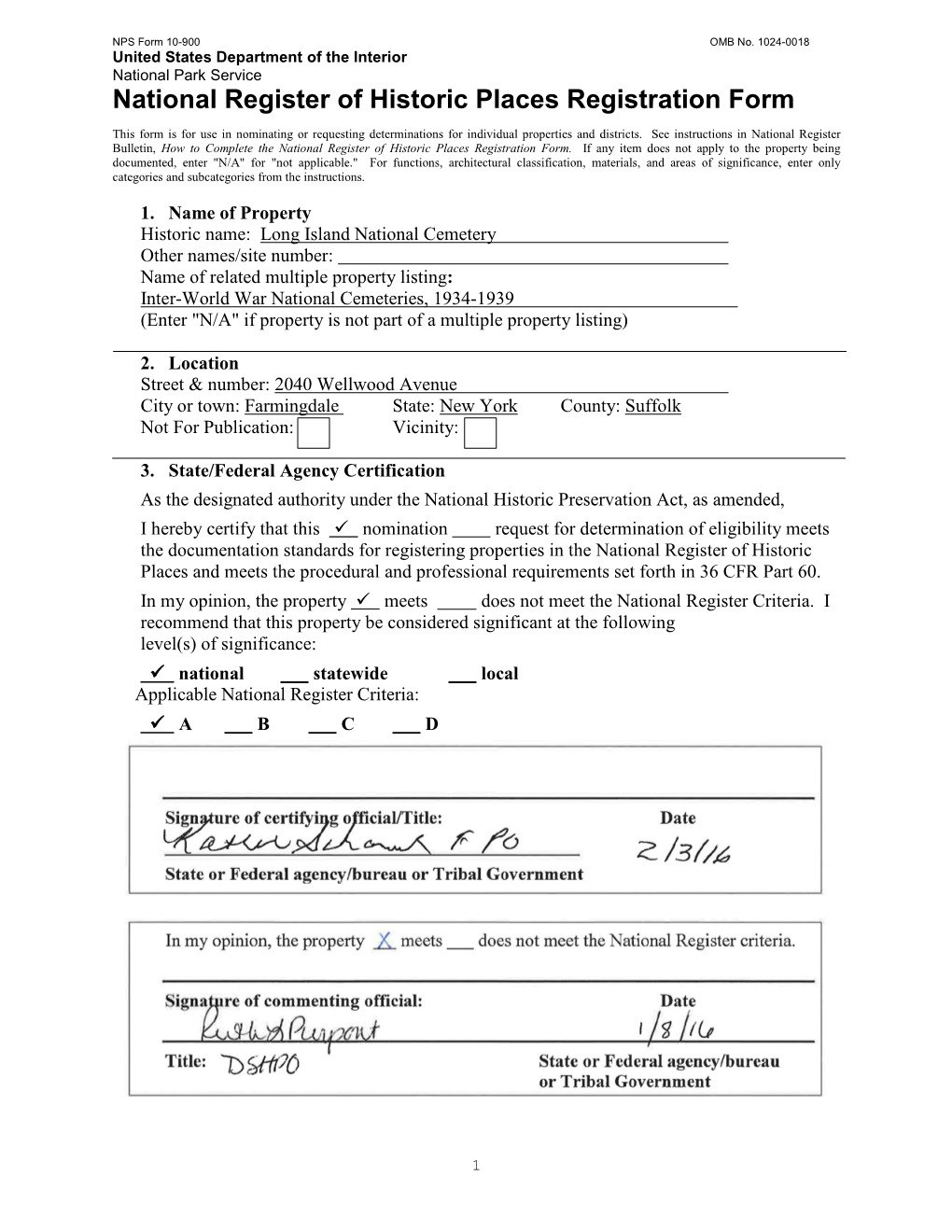 Long Island National Cemetery HRHP Registration Form