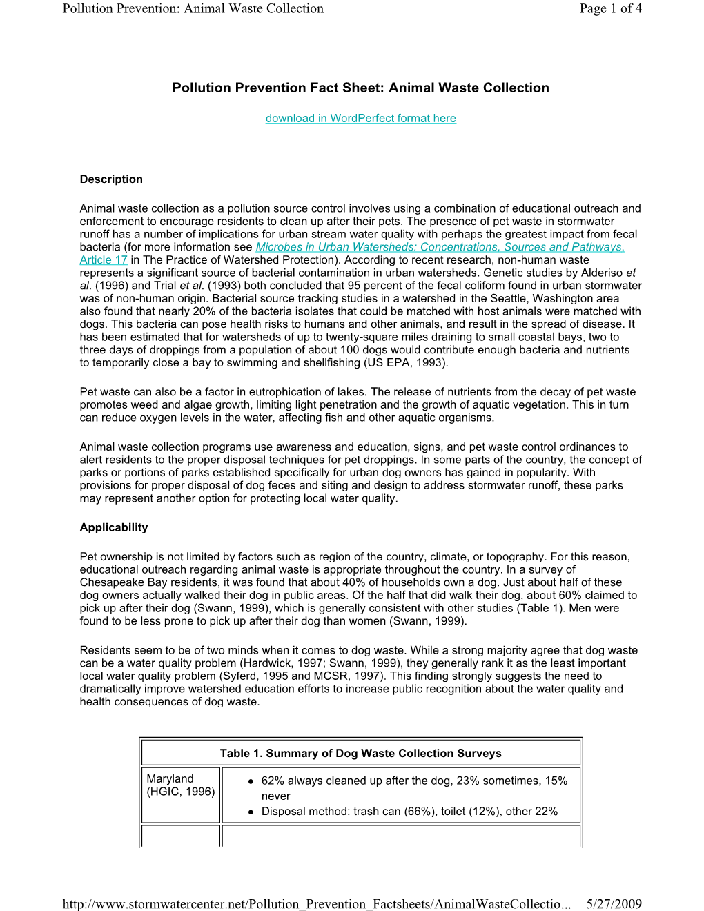 Pollution Prevention Fact Sheet: Animal Waste Collection Page 1 Of