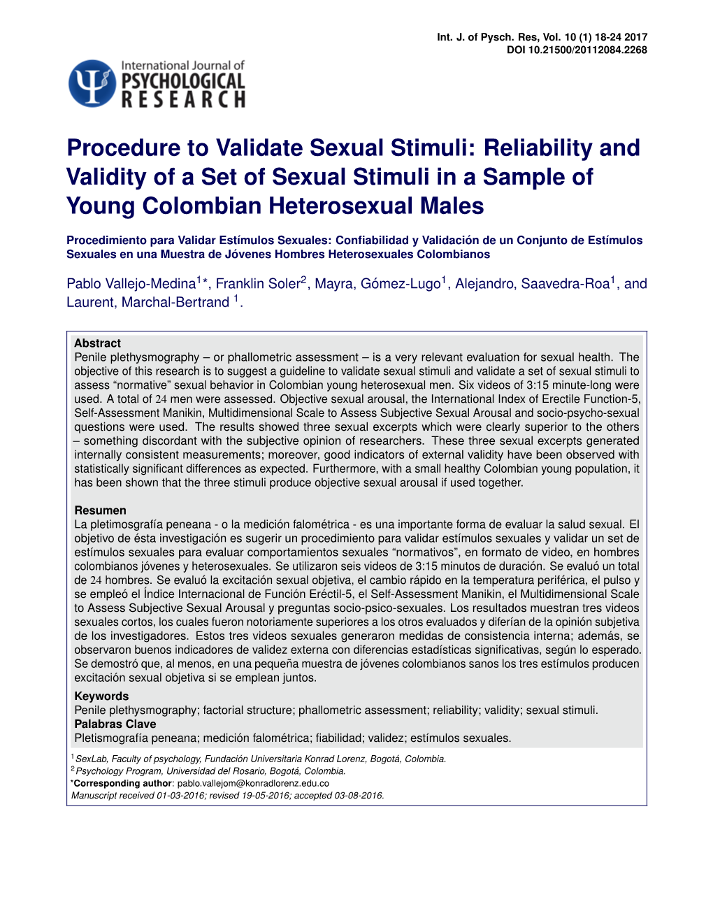 Procedure to Validate Sexual Stimuli: Reliability and Validity of a Set of Sexual Stimuli in a Sample of Young Colombian Heterosexual Males