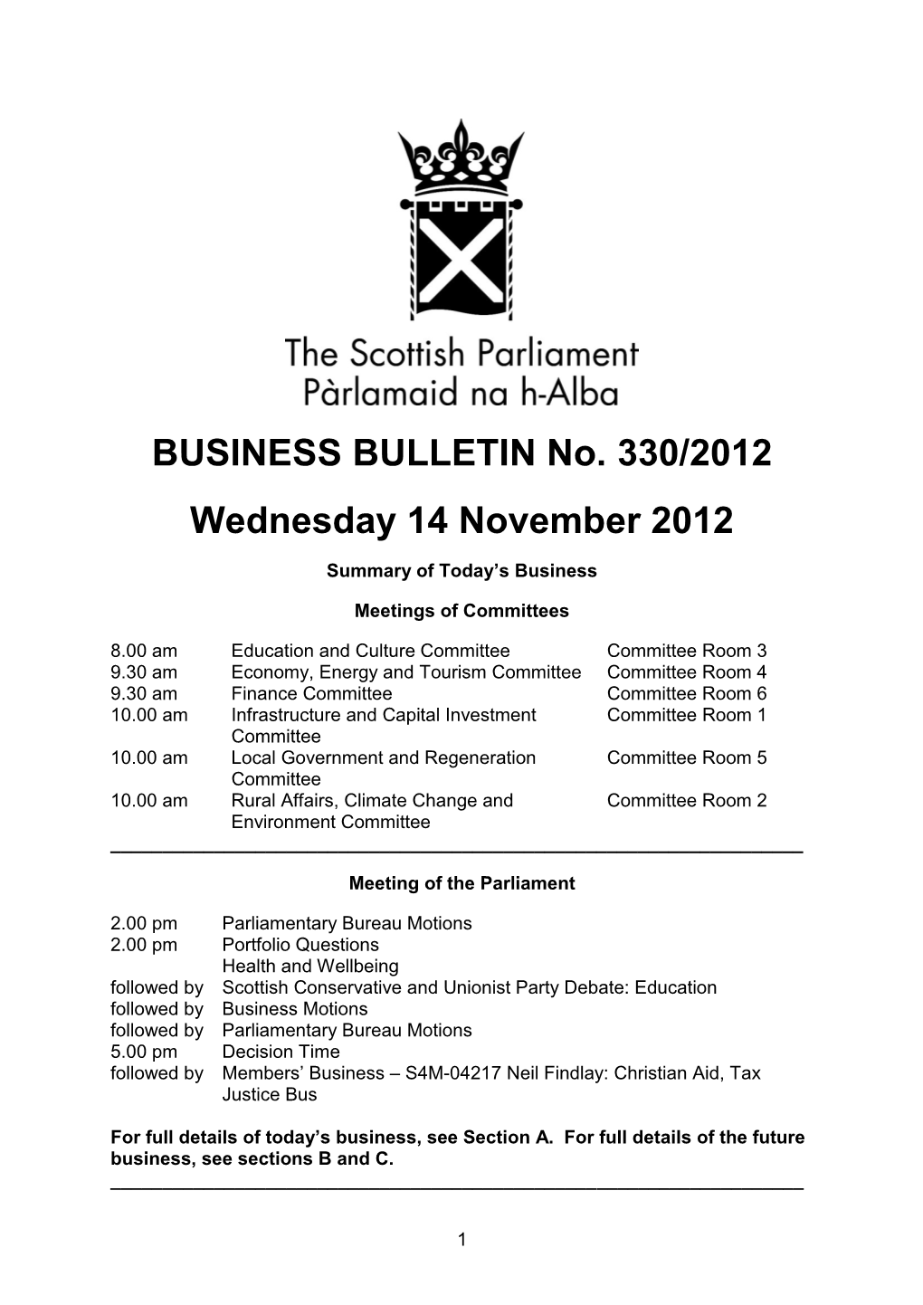 BUSINESS BULLETIN No. 330/2012 Wednesday 14 November 2012