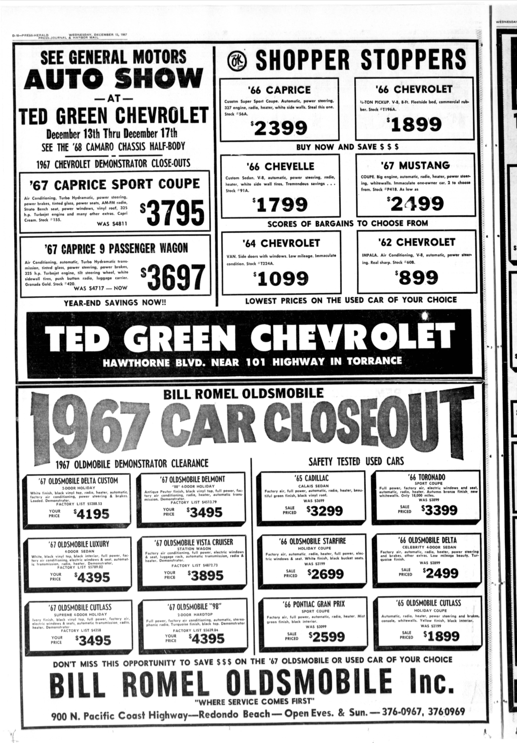 $3795 $3697 TED GREEN CHEVROLET BILL ROMEL OLDSMOBILE Inc