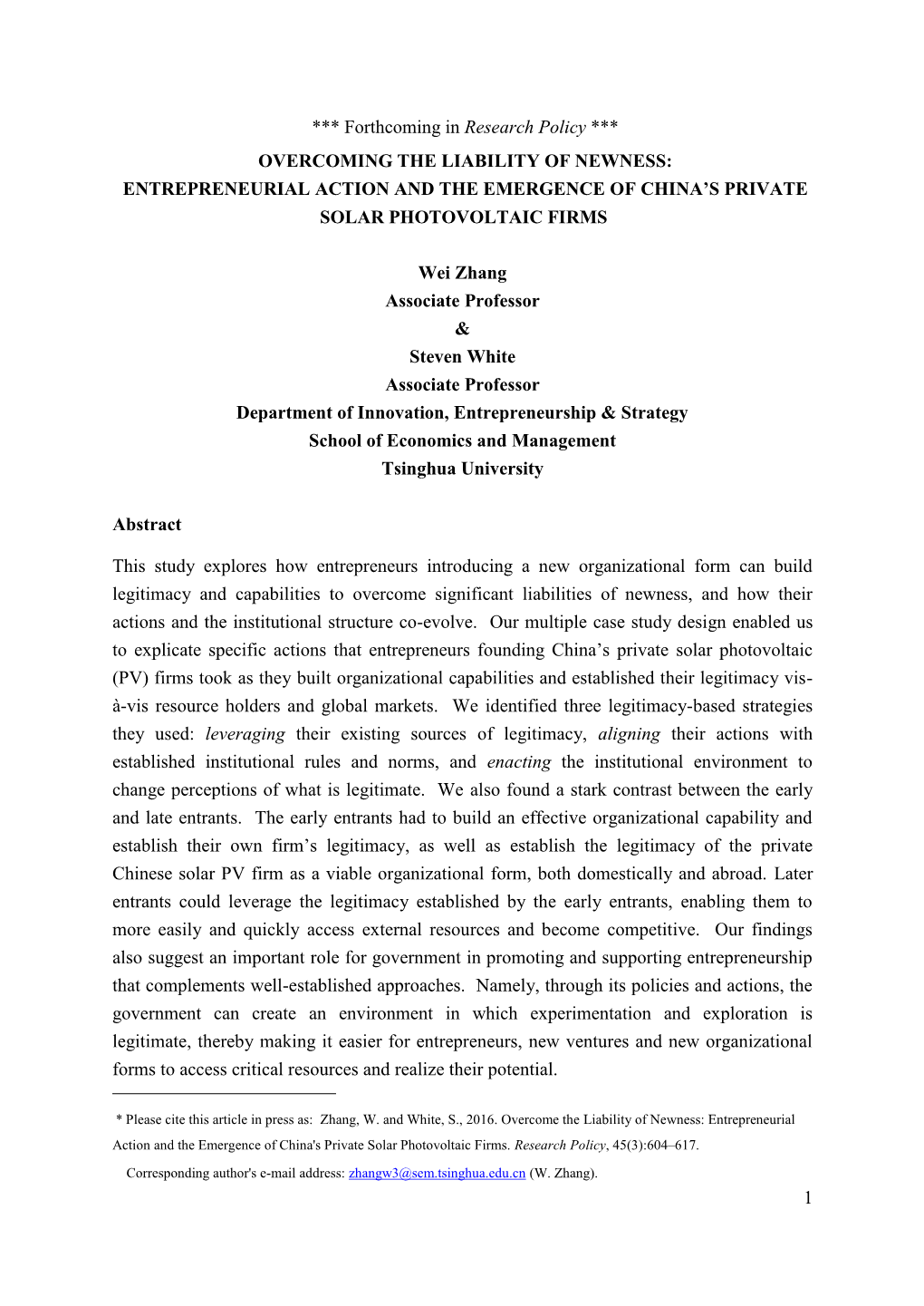 Entrepreneurial Action and the Emergence of China’S Private Solar Photovoltaic Firms