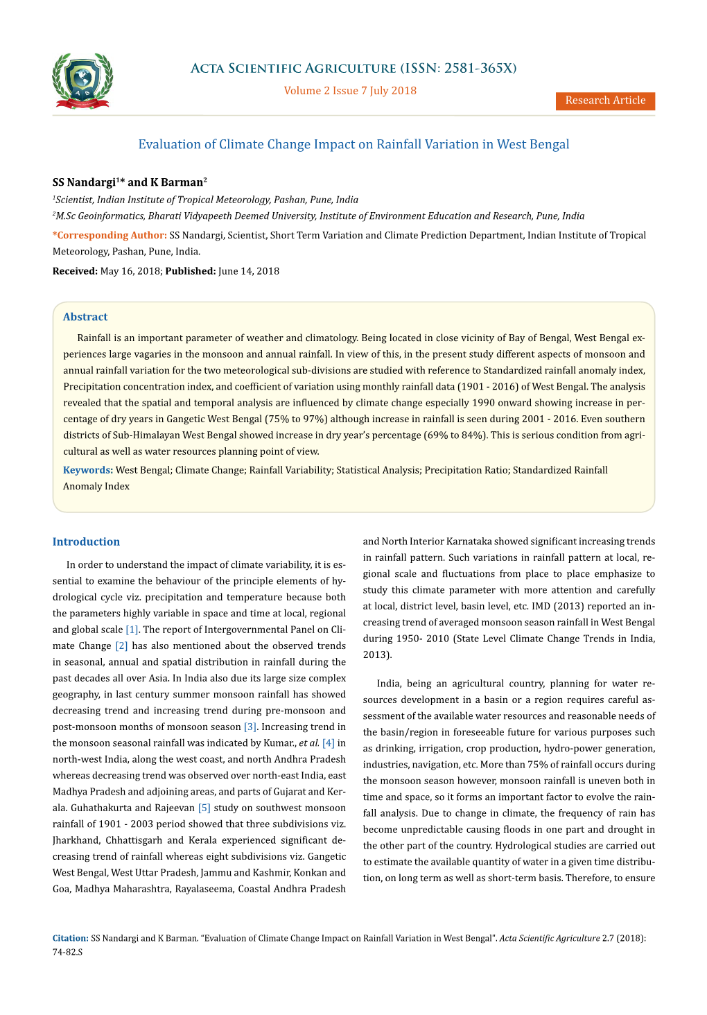 Evaluation of Climate Change Impact on Rainfall Variation in West Bengal