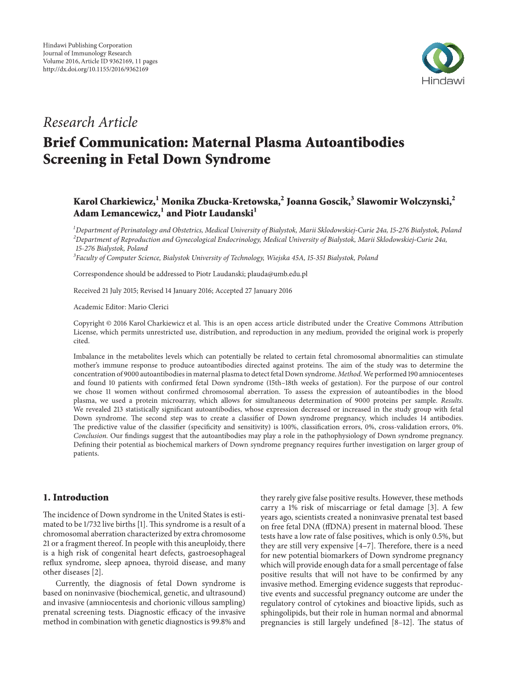 Maternal Plasma Autoantibodies Screening in Fetal Down Syndrome