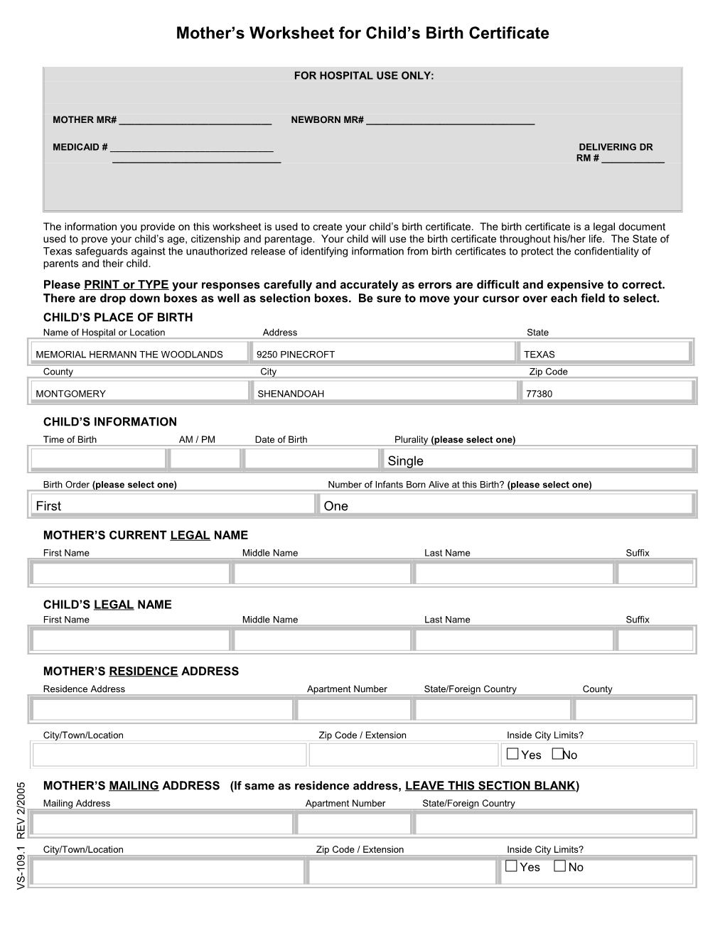 Mother S Worksheet for Child S Birth Certificate