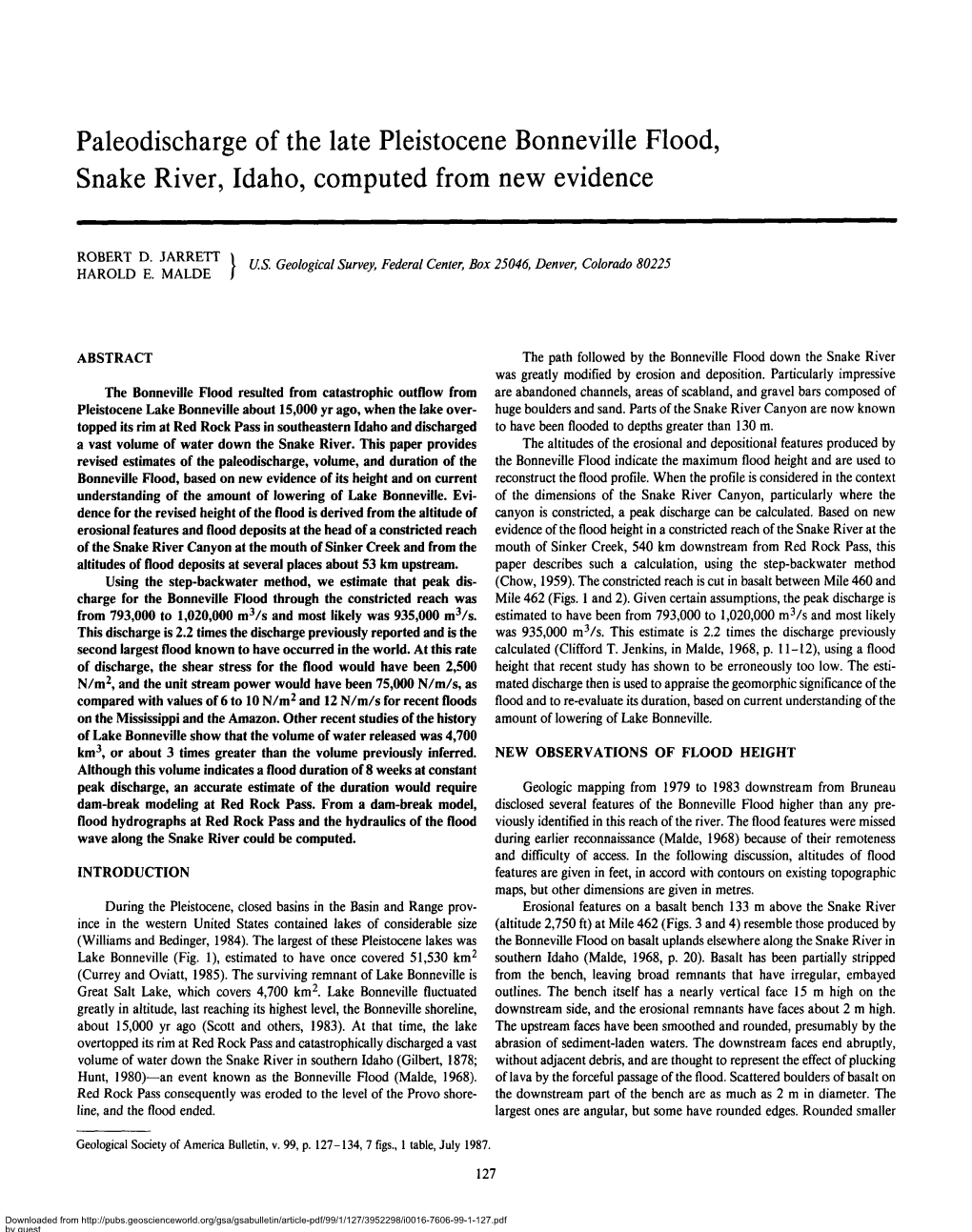 Paleodischarge of the Late Pleistocene Bonneville Flood, Snake River, Idaho, Computed from New Evidence