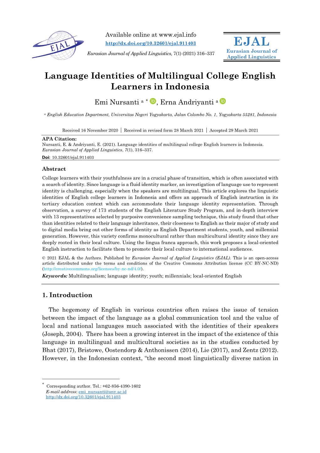Language Identities of Multilingual College English Learners in Indonesia