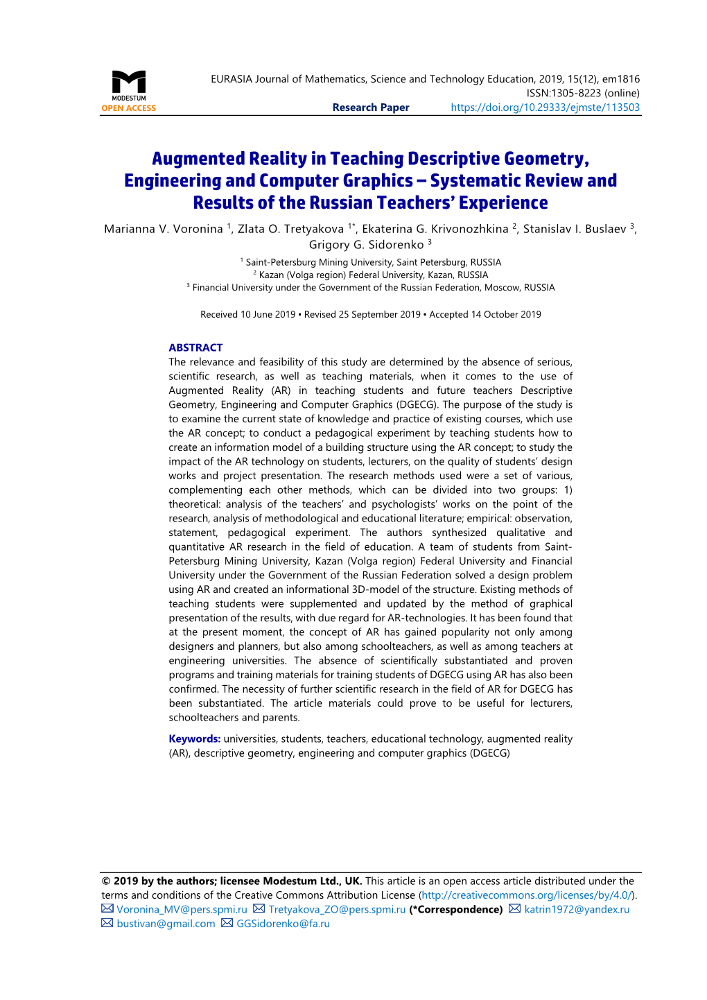 Augmented Reality in Teaching Descriptive Geometry, Engineering and Computer Graphics – Systematic Review and Results of the Russian Teachers’ Experience