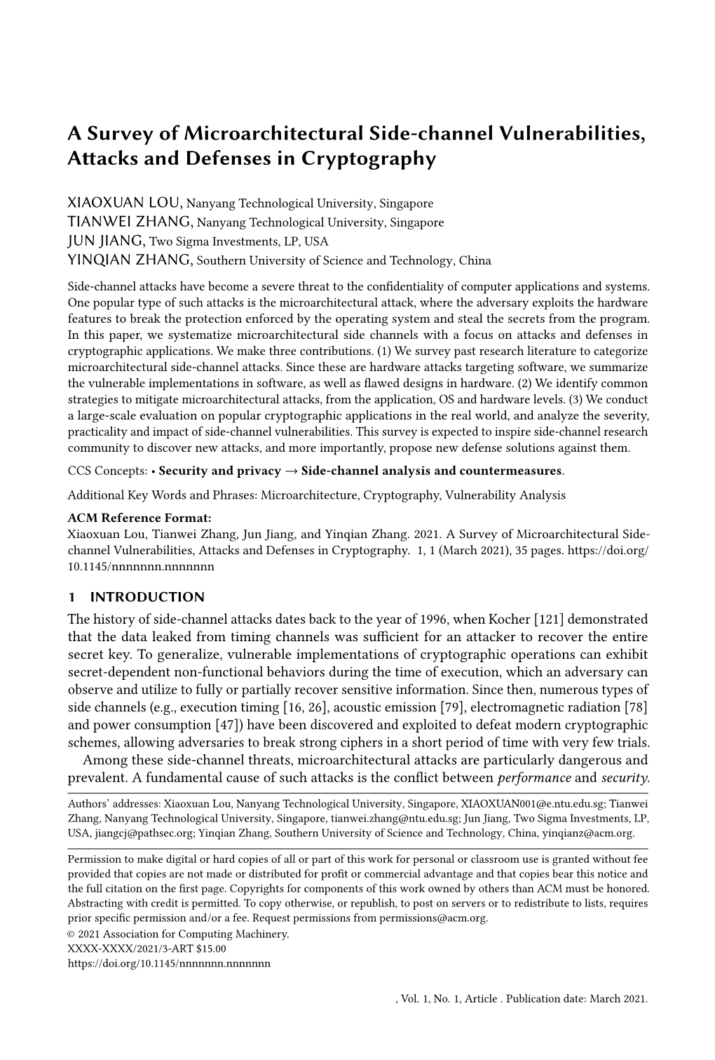 A Survey of Microarchitectural Side-Channel Vulnerabilities, Attacks and Defenses in Cryptography