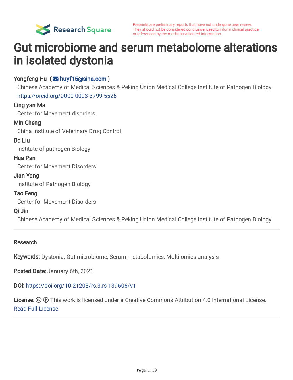 Gut Microbiome and Serum Metabolome Alterations in Isolated Dystonia