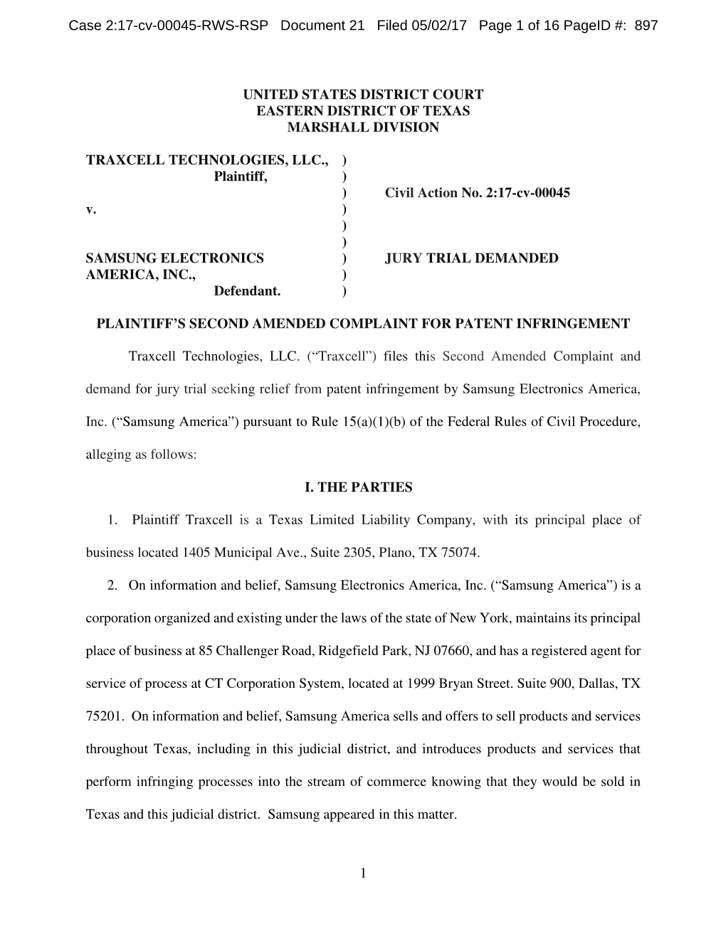 Case 2:17-Cv-00045-RWS-RSP Document 21 Filed 05/02/17 Page 1 of 16 Pageid #: 897