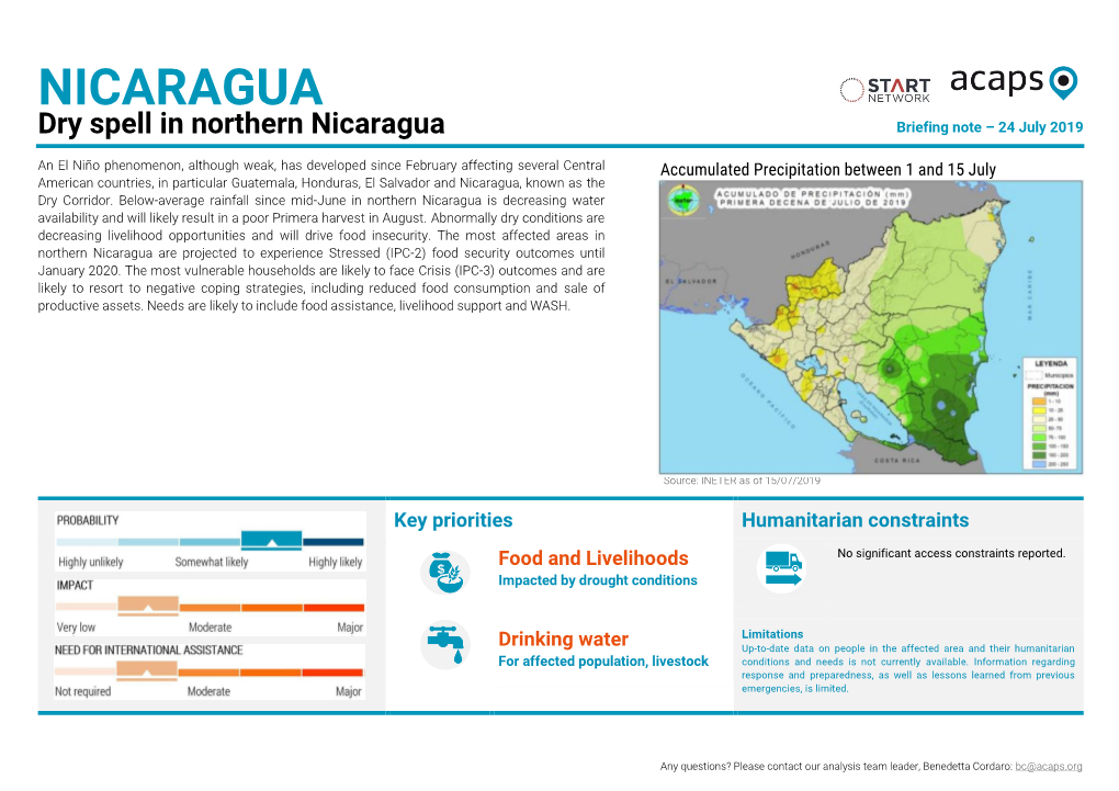 Dry Spell in Northern Nicaragua Briefing Note – 24 July 2019