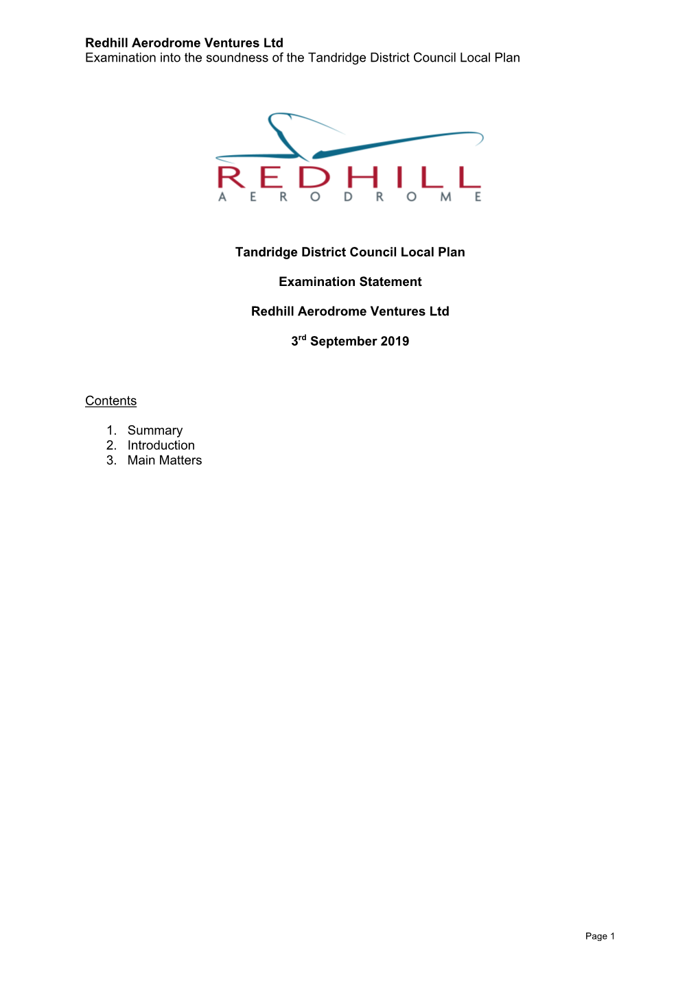 Redhill Aerodrome Ventures Ltd Examination Into the Soundness of the Tandridge District Council Local Plan