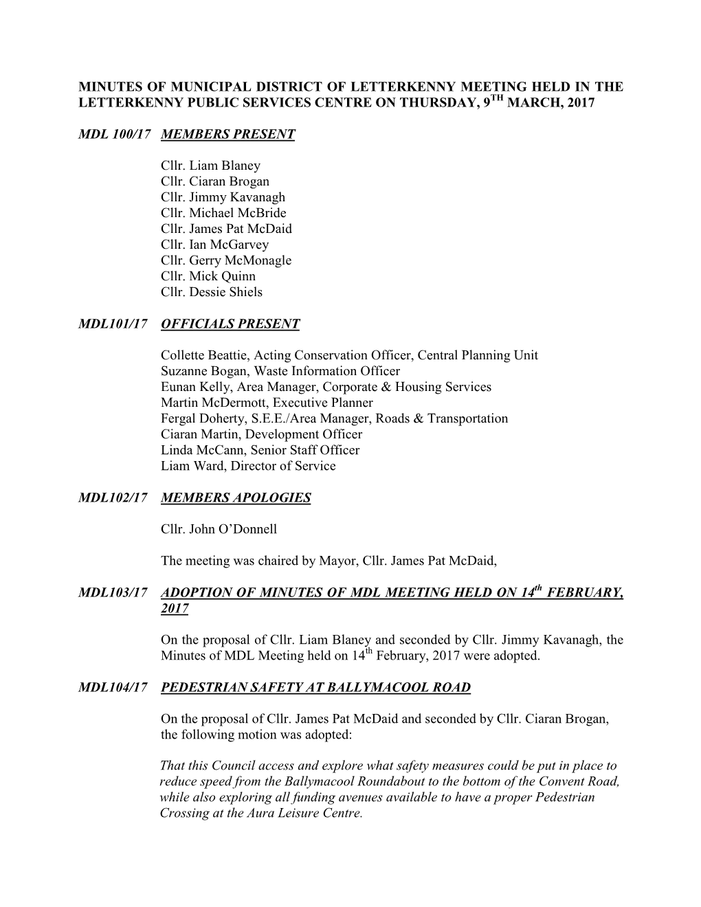 Minutes of Meeting of Letterkenny Electoral