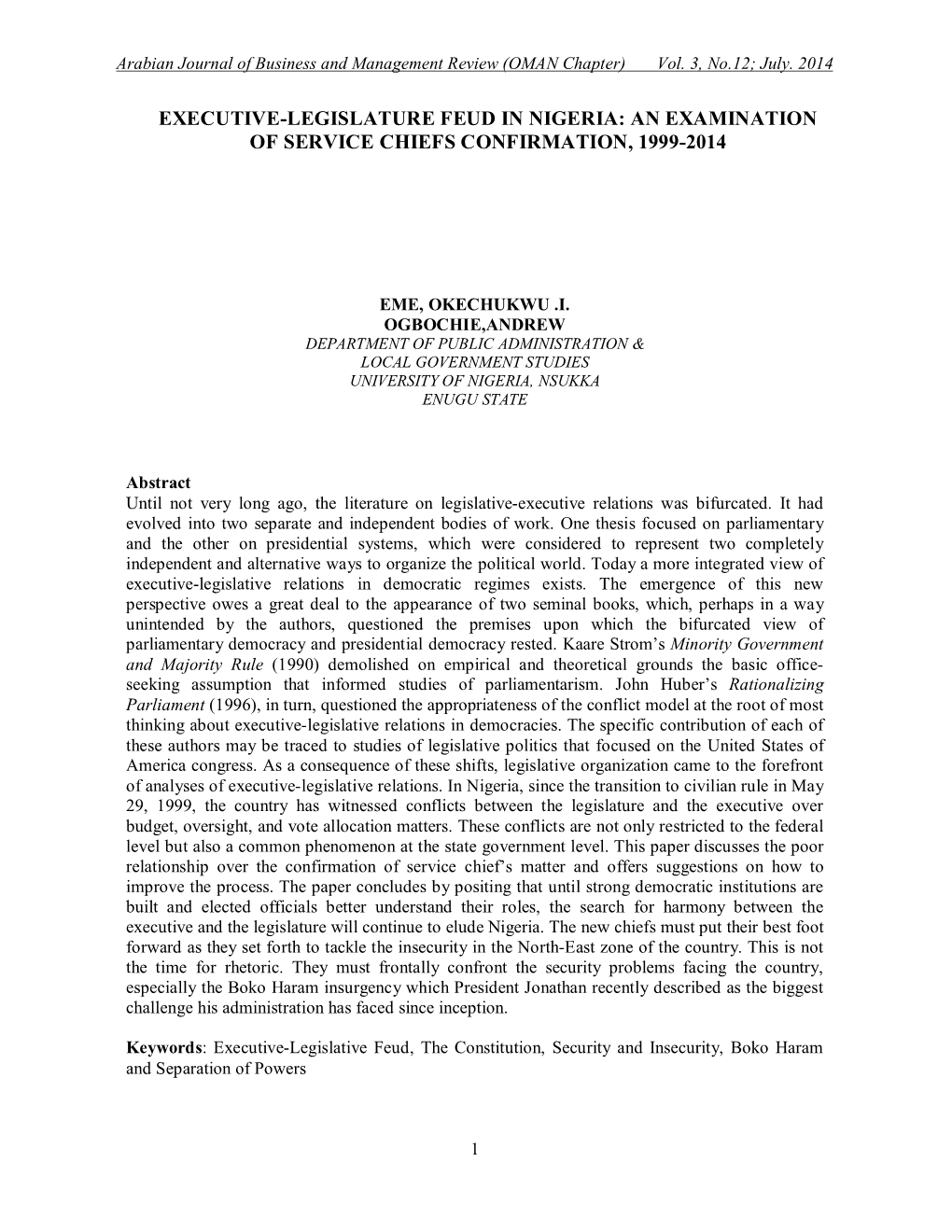 Executive-Legislature Feud in Nigeria: an Examination of Service Chiefs Confirmation, 1999-2014