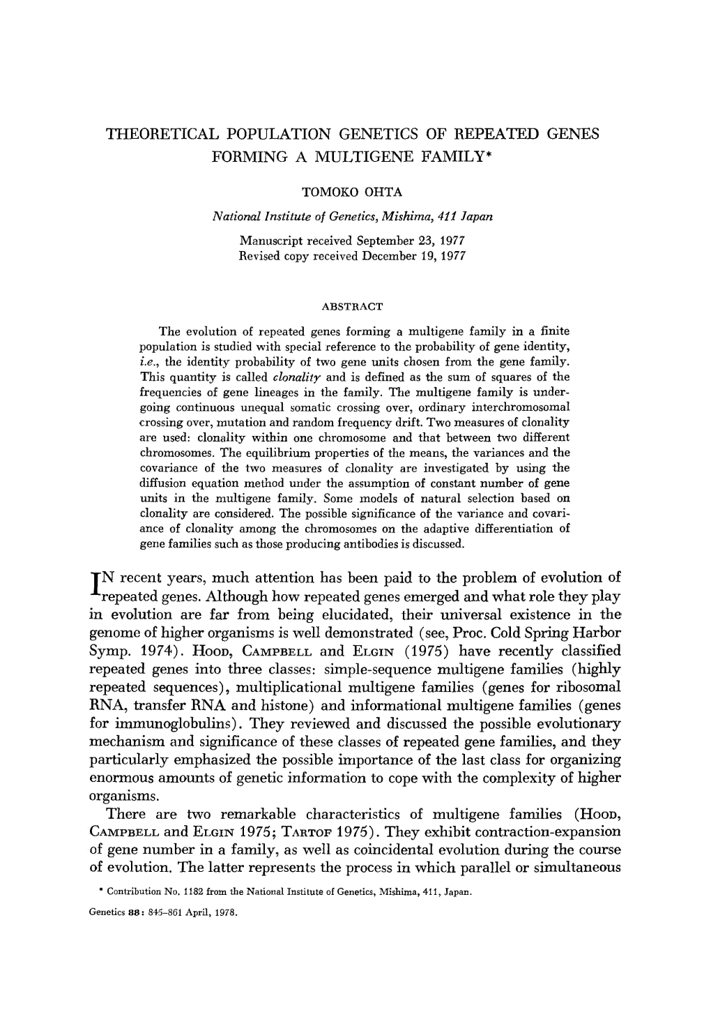 Theoretical Population Genetics of Repeated Genes Forming a Multigene Family *