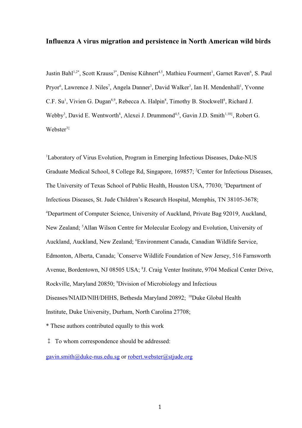 Influenza a Virus Migration and Persistence in North American Wild Birds