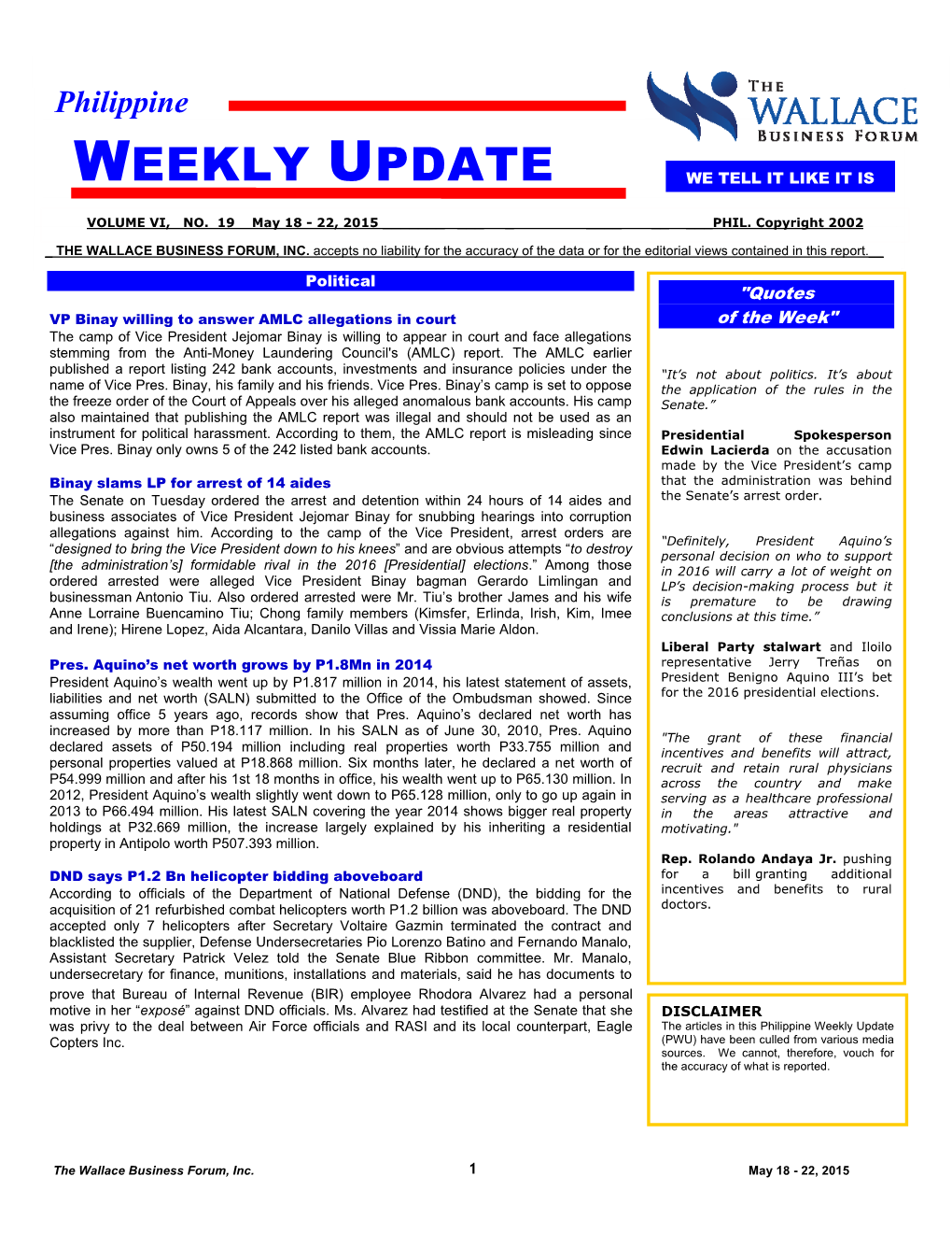 Philippine Weeklyphilippine Update