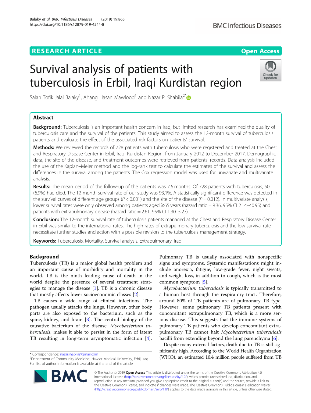 Survival Analysis of Patients with Tuberculosis in Erbil, Iraqi Kurdistan Region Salah Tofik Jalal Balaky1, Ahang Hasan Mawlood1 and Nazar P