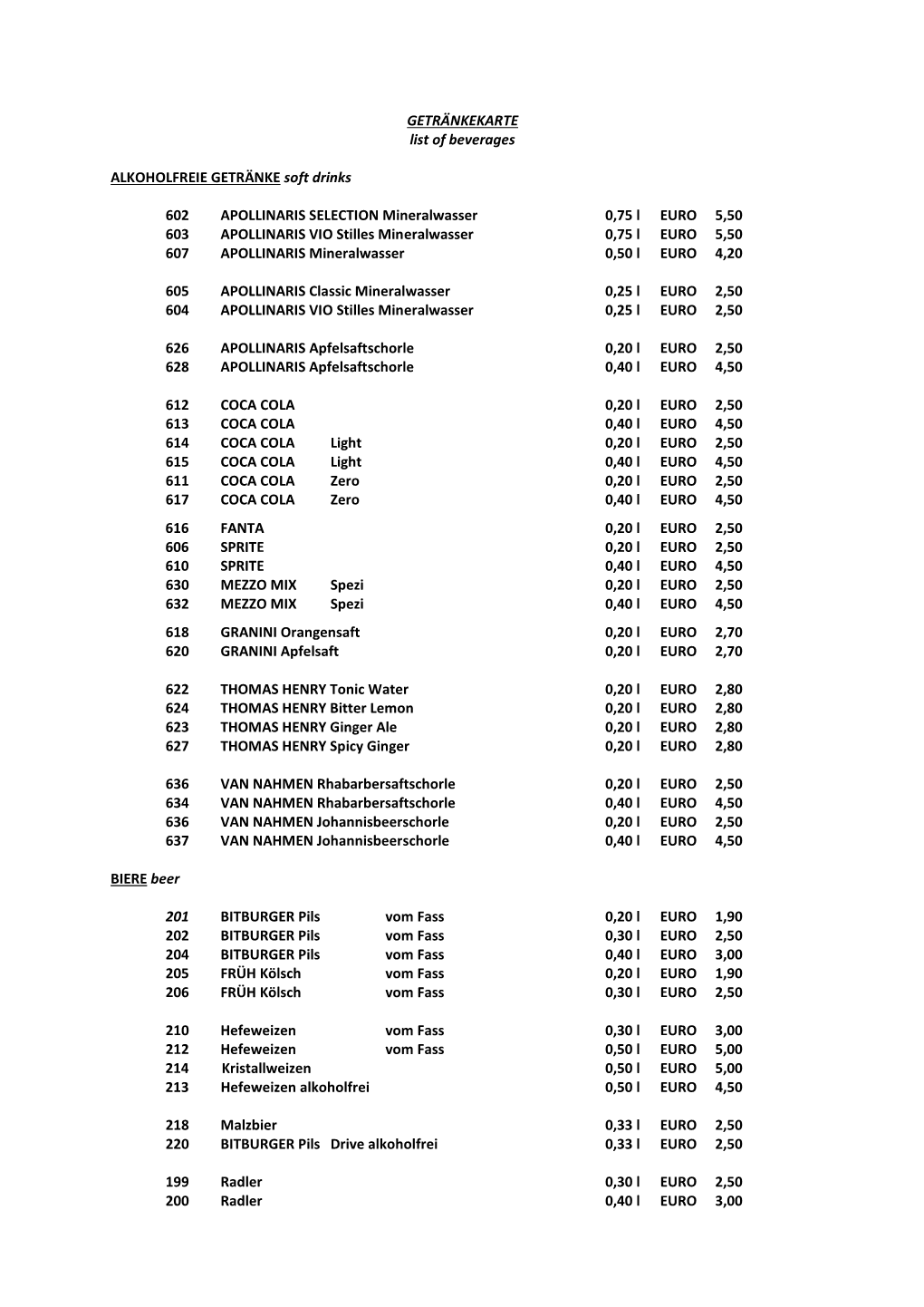 GETRÄNKEKARTE List of Beverages